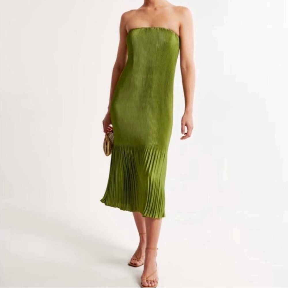 Abercrombie & Fitch Green Strapless Pleated Midi Dress